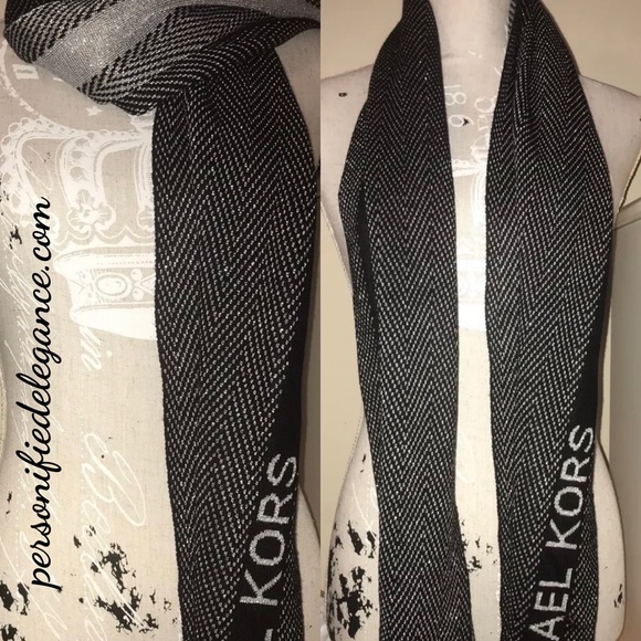 NEW Michael Kors Black Silver Metallic Herringbone Scarf O/S - Picture 5 of 11